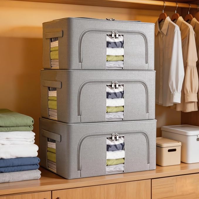 Amiya Clothes Storage Bins with Metal Frame,3-Pack Foldable Linen Fabric Storage Box with Lids, Stackable Organization and Storage Bins with Clear Window,Zippers,Handles(Grey,24L)