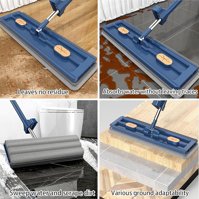 Large Flat Mop, 360° Magic Mop Flat Mop and Bucket System with Dewatering Scraper,2023 Large Flat Mop, Wet and Dry Use, Floor Mop Set for Hardwood Laminate Tiles,White, Blue