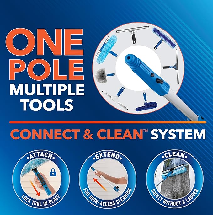 Unger Professional Connect and Clean 18” Grip Swivel Window, Glass Squeegee, and 8’ Pole, 180-Degree Pivoting Handle with Lock
