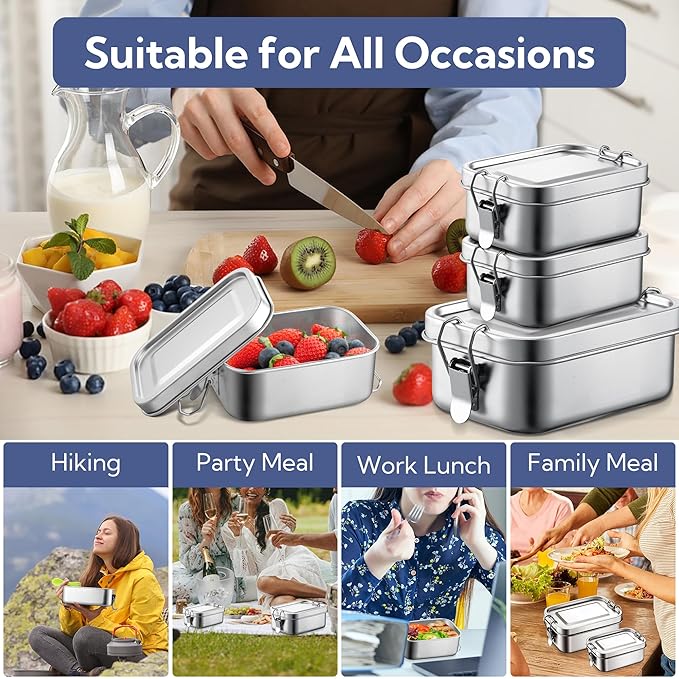E-far Stainless Steel Bento Box, Mini 550ml Metal Lunch Box, 18.6oz Leak-Proof Food Snack Container with Lids, Reusable Meal Storage for Camping Picnic Travel Work