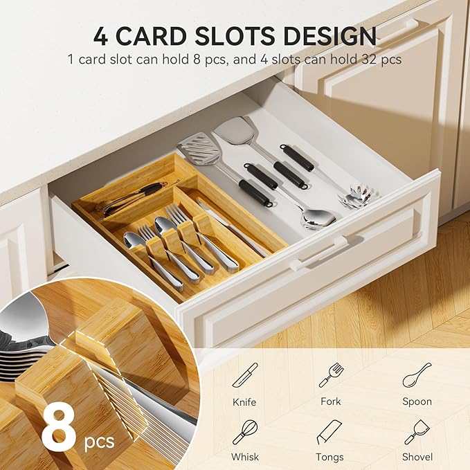 Yofidra Bamboo Silverware Organizer, 13.8 x 9.84 x 1.96 Inches Kitchen Utensil Drawer Organizer