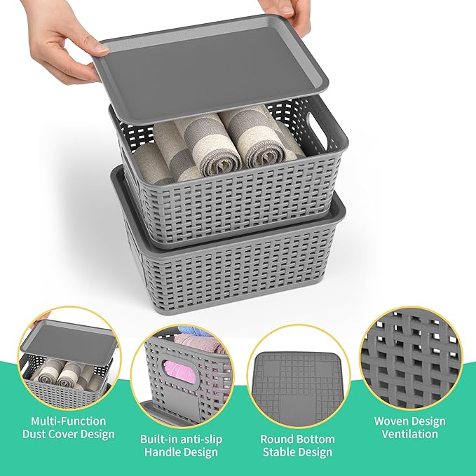 8-Pack Grey Plastic Storage Baskets with Lids, Label Organizers