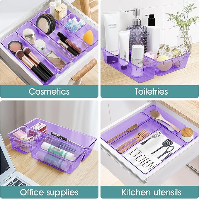 WOWBOX 25 PCS Plastic Drawer Organizer Set, Desk Drawer Divider Organizers and Storage Bins for Makeup, Jewelry, Gadgets for Kitchen, Bedroom