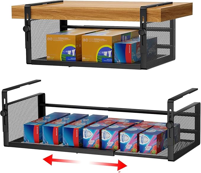 AmonHouseware 2Pack Under Shelf Basket, Adjustable Hanging Under Cabinet Shelf Storage, Hanging Holder Length Stretchable 14.9-22.6Inch for Kitchen Pantry Desk Counter Bookshelf Cupboard (Black)
