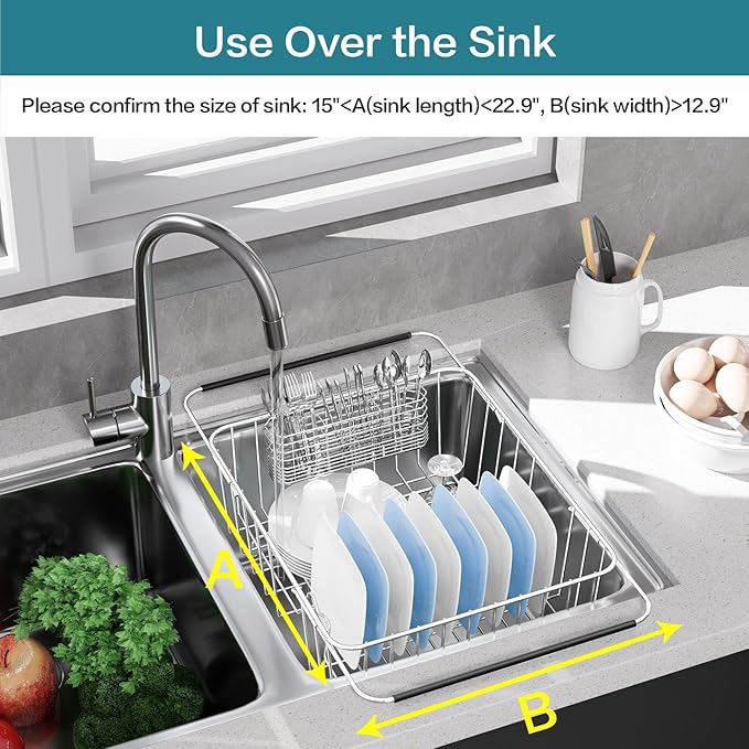 Large Dish Drying Rack in Sink Expandable, Adjustable304 Stainless Steel Metal Dish DrainerRack Organizer with Stainless Steel Utensil Holder Over Inside Sink Counter, Rustproof