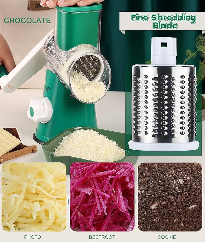 Ourokhome Rotary Cheese Grater Hand Crank, Kitchen Shredder Speed Mandolin Slicer Nut Grinder with Handle and Drum Blades for Cheese, Vegetable, Walnut, Chocolate, Potato, Carrot, 3 Blades, Emerald