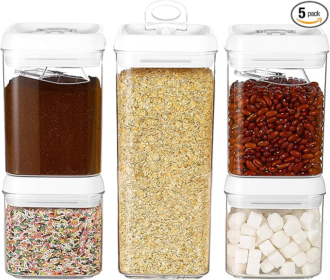 Felli Flip Tite Food Storage Container 5" LARGE 5pk Set + No Residue Label, Airtight Lid Easy Lock Top Stackable, Plastic Canister Jar for Pantry Kitchen Fridge Organizer Pasta Protein Powder Spice