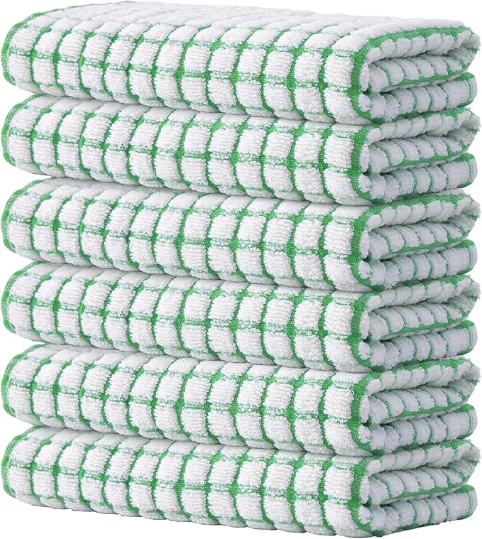 Kitinjoy Cotton 6 Pack Terry Kitchen Towels, 16 x 25 Inches Super Soft and Absorbent Dish Towels, Quick Drying Hand Towels for Kitchen Drying, Green