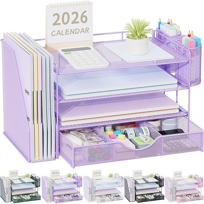 gianotter Desk Organizers and Accessories with File Holder, 4-Tier Desk Accessories & Workspace Organizers with Drawer and 2 Pen Holder