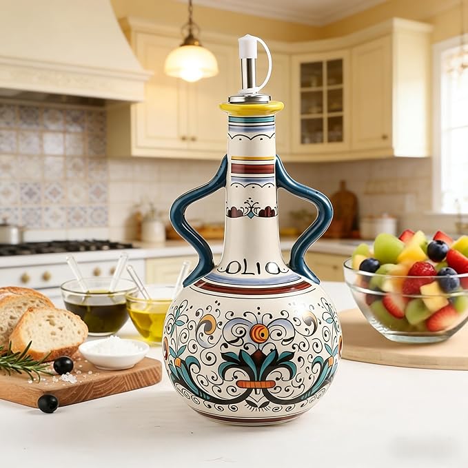 Ceramic Olive Oil Dispenser Bottle 23oz, Large Olive Oil Container for Kitchen, Oil & Vinegar Cruet with Stainless Steel Spout, Ceramic Oil Dispenser with Handle, Drip-Free Cooking Cruet (B)