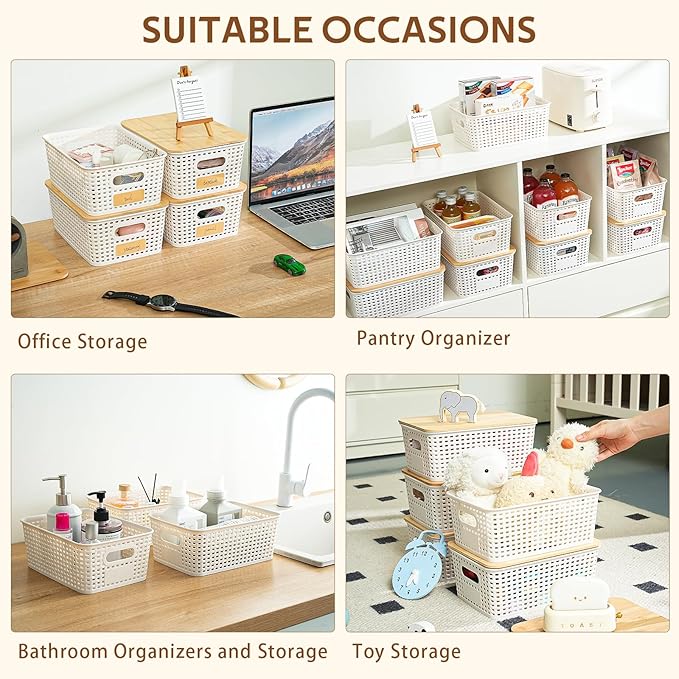 8 Pack Plastic Storage Bins with Bamboo Lids - Stackable Storage Baskets with Handle for Pantry Organizer and Storage