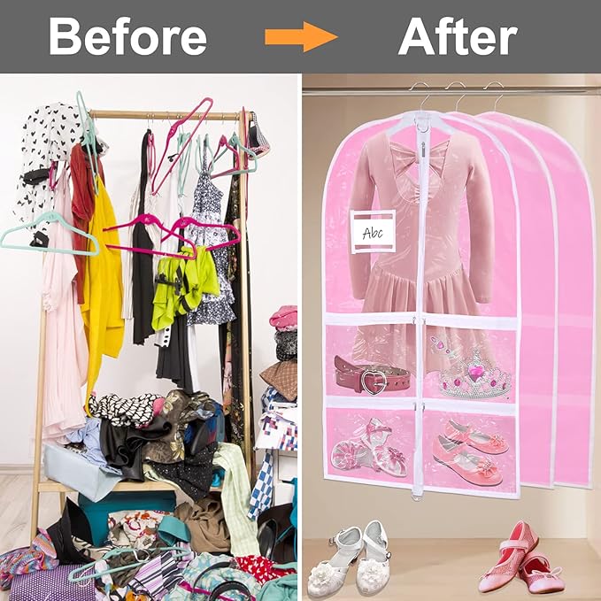WJWSKI Pink Kids Dance Garment Bag for Hanging Clothes,37 Inch Waterproof PVC Travel Garment Bag with 3 Pockets for Dance Costumes,Sports,Skating,Theatre,Beauty Pageants & More