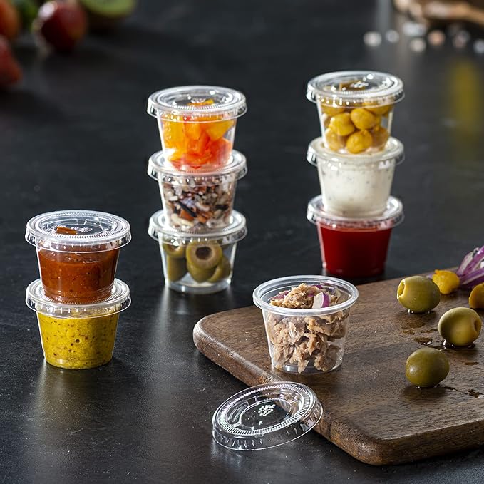 Pantry Value 1 oz Jello Shot Cups with Lids [100 Count] Clear Disposable Plastic Portion Containers, Condiment Cups for Sauces, Dressings & Samples - Durable, Stackable, Leak-Resistant
