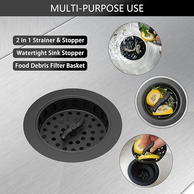 Black Sink Drain Kit - 3.5" Stainless Basket & Stopper for Kitchen Sink