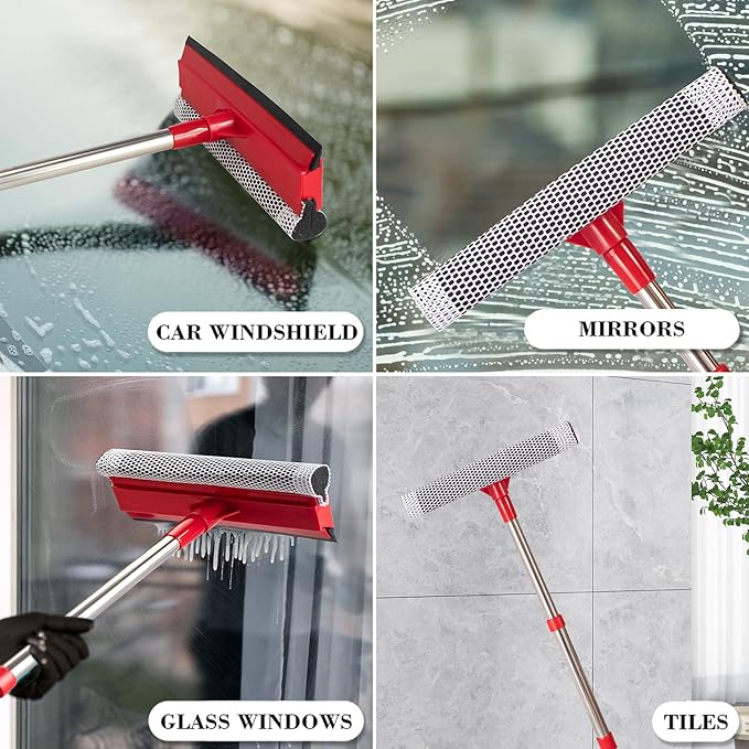 Window Squeegee with 15.7"-27.5" Retractable Stainless Steel Handle, 2-in-1 Windshield Cleaner Tool for Cars, Trucks, Glass Doors, Shower Glass