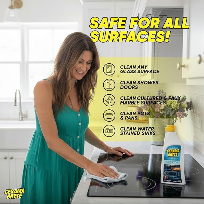 Cerama Bryte Glass Cooktop and Stove Top Cleaner Combo Kit - Includes Cleaning Tool, Razor, Scraper and 3 Pads to Remove Tough Stains - Use on Gas
