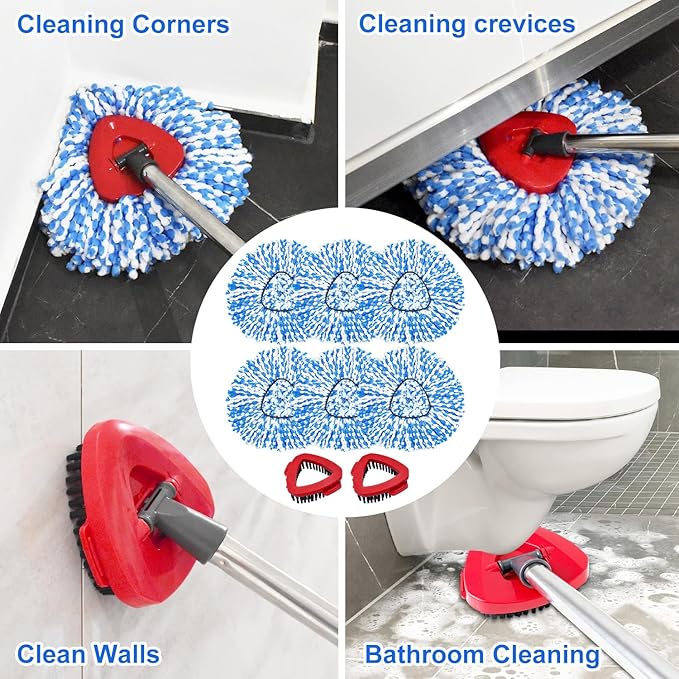 Mop Head Replacement Compatiable with Ocedar RinseClean 2-Tank System, Mircofiber Mop Heads Refill and Scrub Brush for O Cedar Rinseclean Spin Mop, 6 Pack Mop Refills & 2 Scrub Head for Floor Cleaning