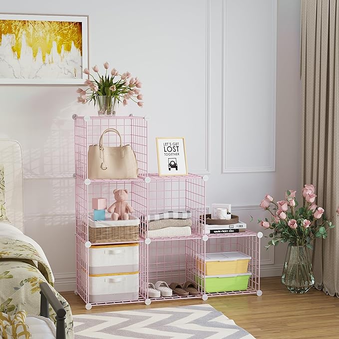 Wire Cube Storage, 6, Cube Organizer Metal C Grids, Pink UWCS3006P