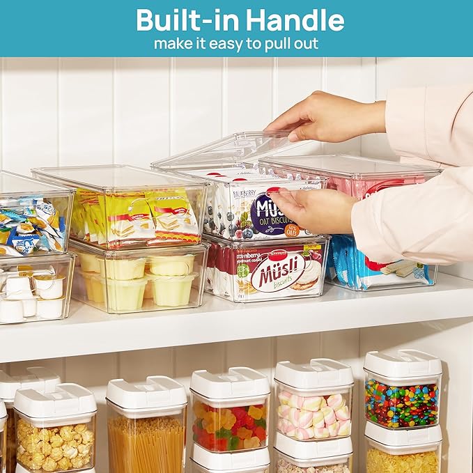 Vtopmart 4pcs Clear Organizers and Storage Bins with Lids, Stackable Plastic Storage Containers with Handles for Fridge, Freezer, Pantry, Cabinet, Kitchen Organization