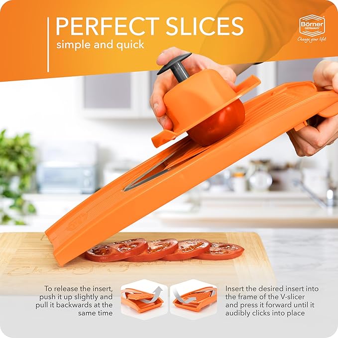 Börner Mandoline Slicer V1 (Professional Set) • V-Slicer with 4 Inserts, Fruit Holder, Docking Station, Box • Adjustable Vegetable Slicer • Cuts into Slices, Strips & Dices • Color: Orange