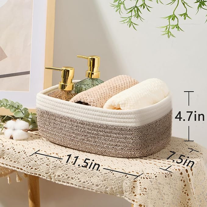 MiniArk Small Storage Baskets for Organizing | Closet Organizer Bins | Shelf Toy Basket | Woven Rope Baskets | Cube Decorative Box | Shallow Basket | 11.5x7.5x4.7” | 3 Packs White Brown