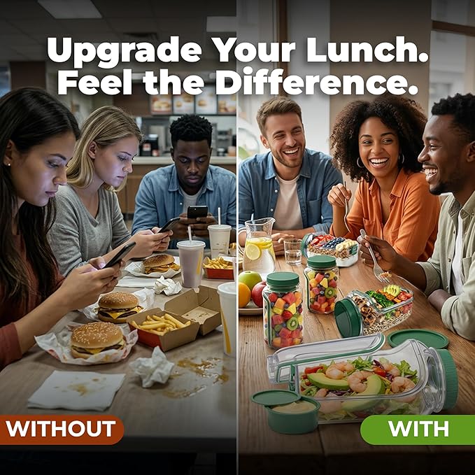 Premium Salad Pod with Dressing Container, Leakproof Lunch Container, Meal Prep Jar with Side Opening, Keeps Food Fresh & Organized for Work, Travel & On-the-Go Meals