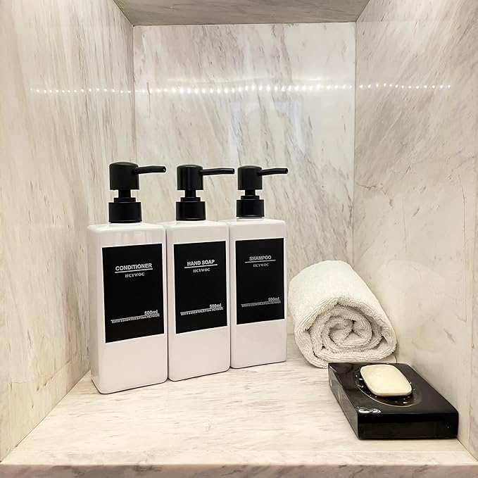 Shampoo Dispenser for Shower Wall, Shampoo and Conditioner Dispenser with 16 Waterproof Labels, No Drill Shower Soap Dispenser Bathroom, Shower Soap Dispenser Wall Mounted 3 Chamber, 17oz,White