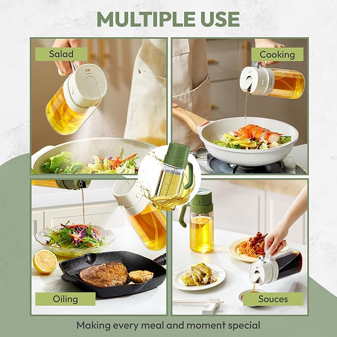 2-in-1 Green 18oz / 550ml - Olive Oil Sprayer for Cooking,Salad and BBQ, Leakproof Oil Dispenser for Frying, Glass OliveOil Multifunctional Sprayer / Dispenser Bottle for cooking, Oil Mister Bottle