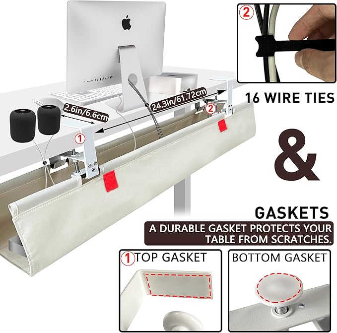 Under Desk Cable Management No Drill – 36" L x 6" W Cord Organizer, Upgraded Silicone Pads (No Scratch), 16 Cable Slots, Washable PE Honeycomb Base, Fits Desks 0–2.1" Thick, Beige