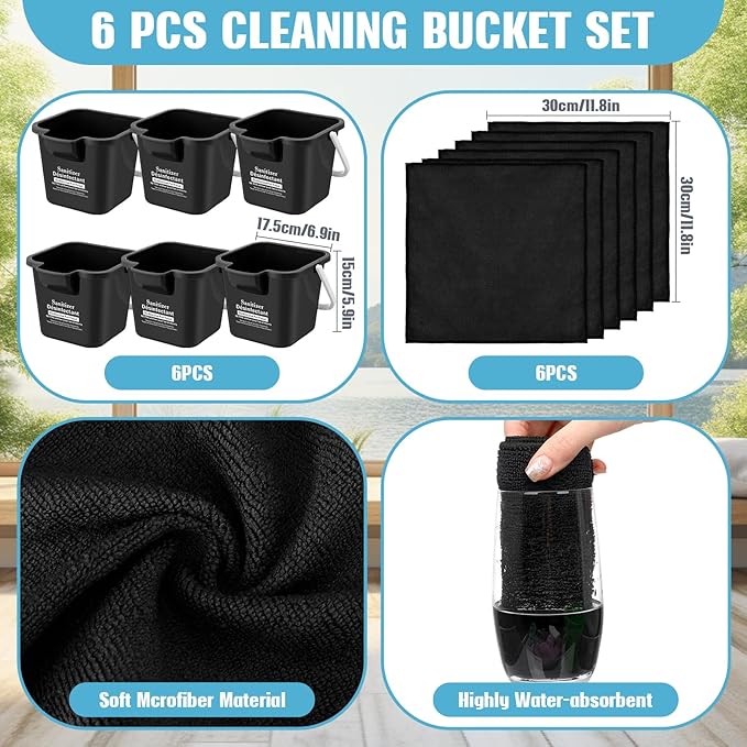 Vesici 6 Sets 3 Quart Cleaning Bucket with Microfiber Cleaning Cloths Small Sanitizing Square Bucket Detergent Plastic Utility Pail with Handle for Household Restaurant Office School Use (Black)