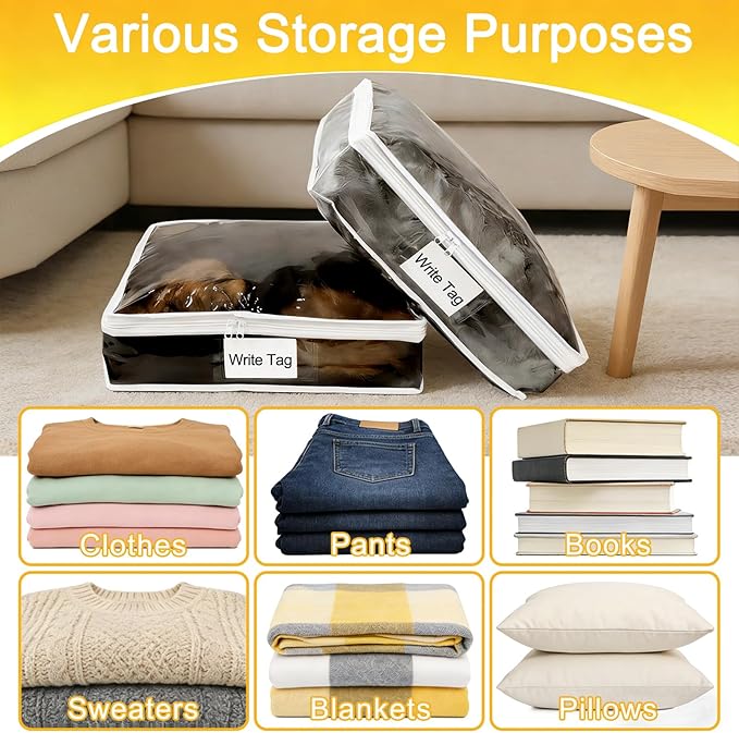 6 Pack Clear Zippered Plastic Storage Bags, Vinyl Sweater Bags with Zipper