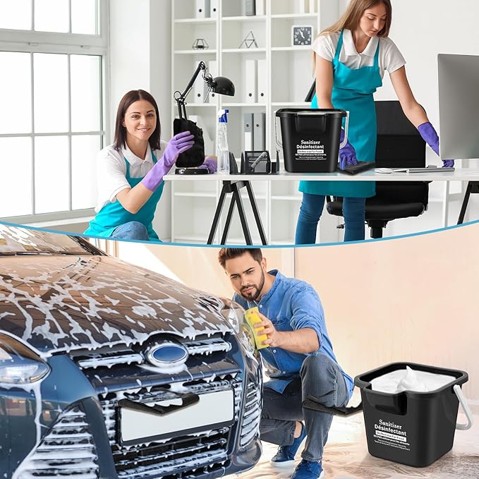 Vesici 6 Sets 3 Quart Cleaning Bucket with Microfiber Cleaning Cloths Small Sanitizing Square Bucket Detergent Plastic Utility Pail with Handle for Household Restaurant Office School Use (Black)