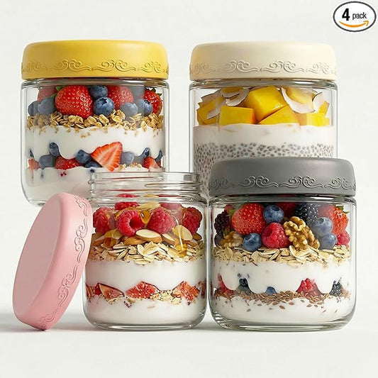 10 OZ 4Pack, Overnight Oats Jars with Lids, Glass Meal Prep Containers, Airtight Mason Jars for Breakfast, Yogurt Parfait, Salad & Smoothies, Leakproof and Reusable Food Storage Jars(4-2)