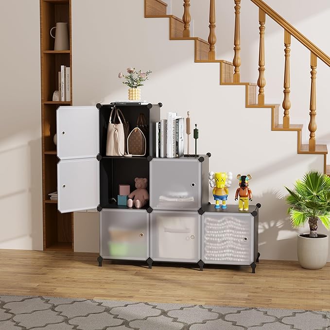 Cube Storage Organizer, 6-Cube Shelves Unit with Doors, DIY Stackable Plastic Clothes Organizer for Bedroom and Under Stairs Storage Unit, Each Compartment 30 x 30 x 30 cm Black ATTSL6001