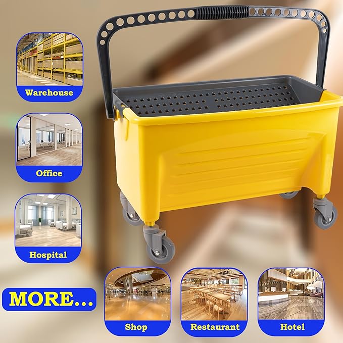 Matthew Cleaning Microfiber Finish Bucket with Sieve,Press Wring Mop Bucket for Microfiber Flat Mops, Mop Bucket with Non-Marking Casters Wheels,44" Yellow