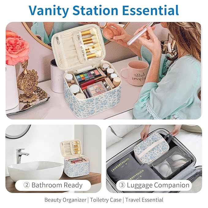 OCHEAL Travel Makeup Bag, Cosmetic Bags for Women Makeup Case Organizer Large Capacity Travel Toiletry Bag Storage Bags with Divider and Handle for Cosmetics Toiletries Brushes Tools-Blue Floral