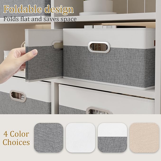 Yawinhe Fabric Storage Baskets, Foldable Closet Organizer for Shelves, Large Boxes with 3 Handles, Canvas Bins for Clothes, White/Grey