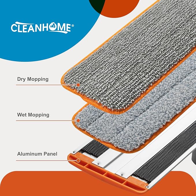 CLEANHOME Microfiber Mop Floor Dust Mop with Extendable Long Handle, Flat Mop with 4 Reusable Pads and 1 Dirt Removal Scrubber, Suitable for Home Kitchen Bathroom Living Room Cleaning