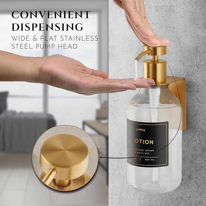 Shower Shampoo Dispenser Wall Mounted – Refillable 16.9 oz Clear Bottle with Stainless Steel Pump & No-Drill Adhesive Holder – Soap Dispenser for Bathroom (1 X Clear/Gold)