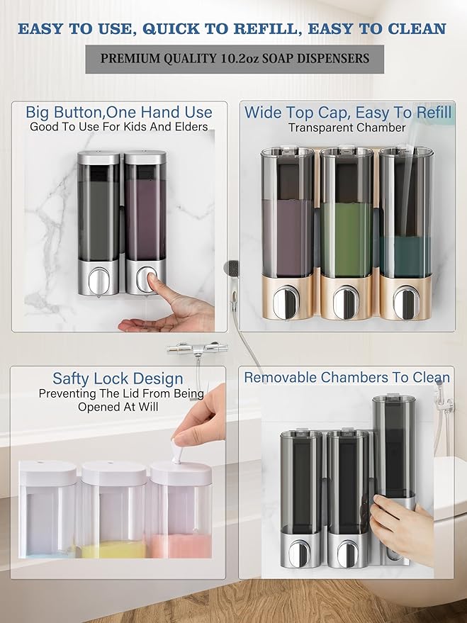RANKADO Luxury Shower Soap Dispenser Bathroom with Tray,Drill Free Shampoo and Conditioner Dispenser with Mounting Tapes,Shower Soap Dispenser with Labels,Shampoo Dispenser for Shower Wall