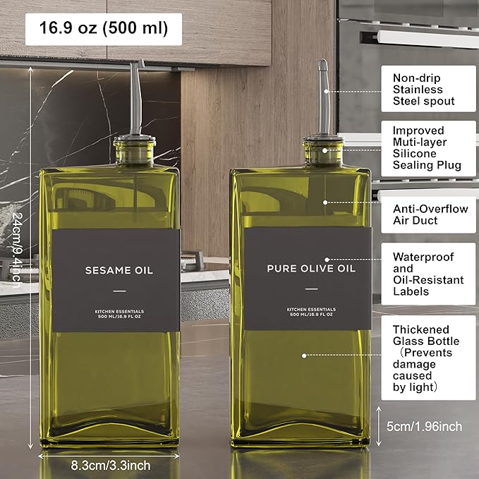 Olive Oil Dispenser for Kitchen, 16.9 oz/ 500 ml Olive Oil Dispenser Bottle, Glass Oil Bottles for Kitchen with 8 Stainless Steel Pourers, 40 Labels, 4 Pcs, Green