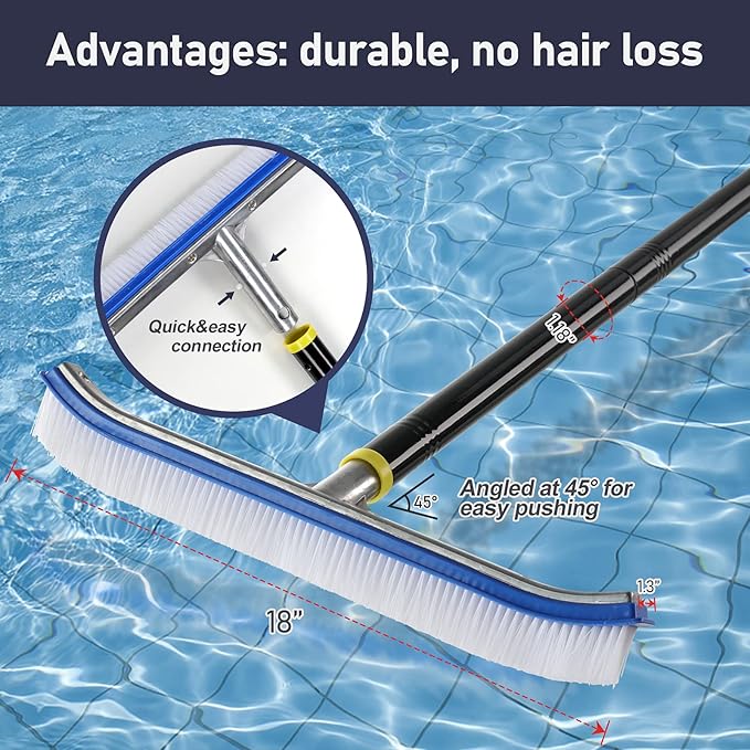 Swimming Pool Wall Tile Brush,18" Polished Aluminum Back Pool Scrub Brush Head Designed for Cleans Walls, Tiles & Floors, Nylon Bristles Algae Pool Brush Head with EZ Clips