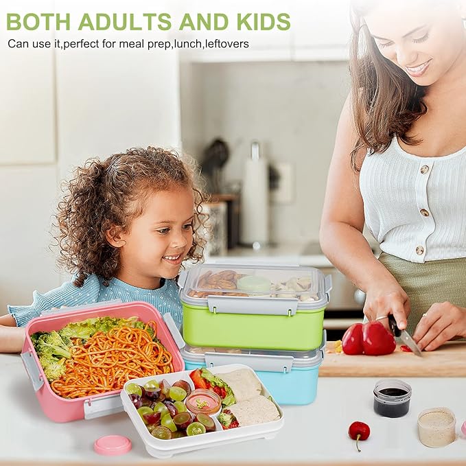 3 Pack Salad Lunch Box Food Storage Containers, 47oz Bento Box To Go Container with Lids, ReusableMeal Prep Containers with Removable Tray & Dressing Pots for Kids and Adults, Microwavable