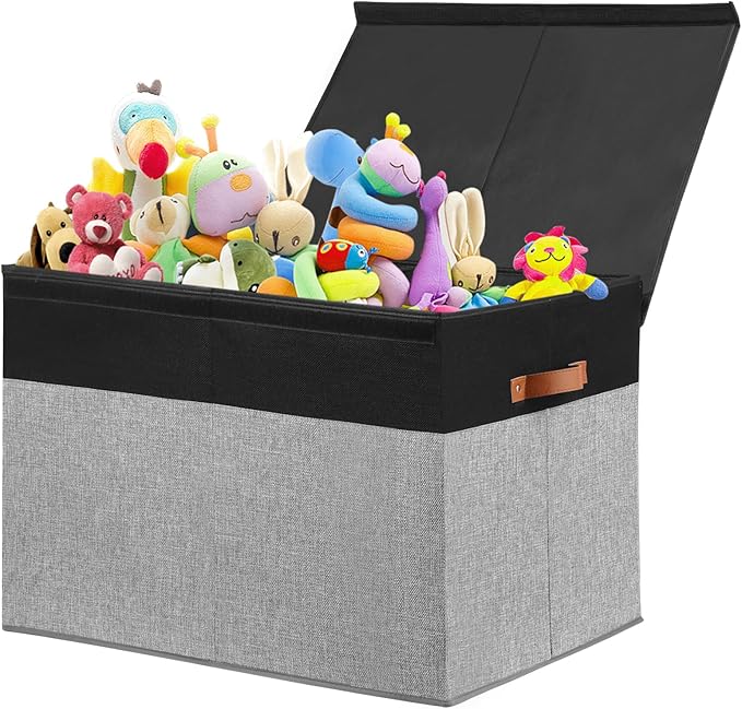 Gowee Large Toy Storage Box with Lid, Sturdy Toys Storage Chest Bin Organizer Basket with Dividers for Kids, Boys, Girls, Nursery, Closet, Bedroom, Playroom 26"x17" x17" (Black and Grey)