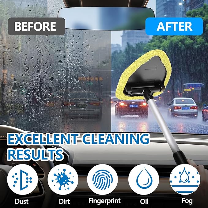 Wuyaoyao Car Windshield Cleaning Tool, Car Windshield Window Cleaner, Auto Window Glass Cleaning Kit with Extendable Handle & Reusable Microfiber Pad & Spray Bottle, Universal Car Accessories (Yellow)