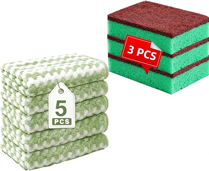 3 Kitchen Sponges+ 5 Striped Green Microfiber Cleaning Cloths, Absorbent Lint-Free Reusable for Kitchen Dishes, Quick-Drying Gentle on Surfaces