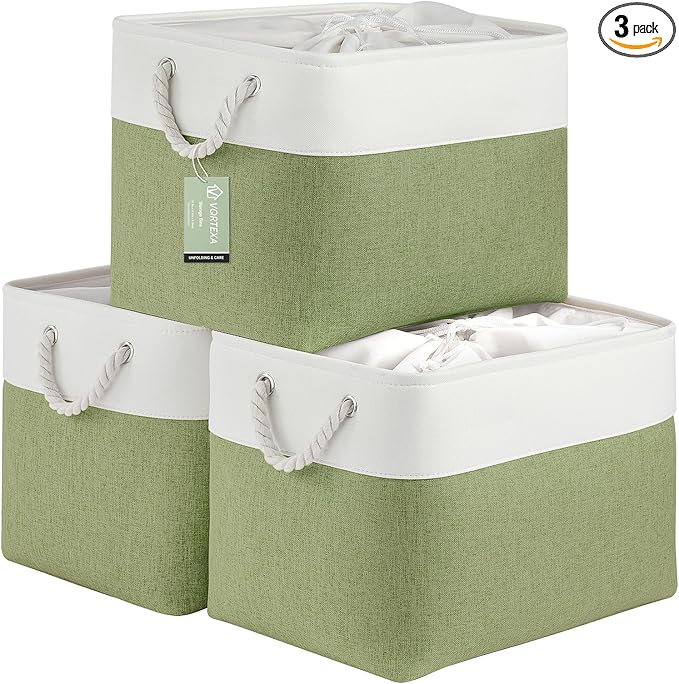 Large Storage Baskets- 16x12x12 inch Storage Bins for Shelves and Closet Organizing, Foldable Fabric Bin for Home Organization Clothes and Laundry (3-Pack, White&Green)
