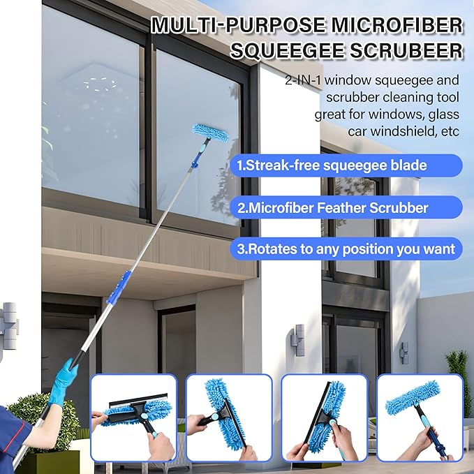 20 FT Exterior House Cleaning Brush Set with 5-12 Foot Telescoping Extension Pole, Soft Scrub Car Wash Brush, Medium Bristle Cleaning Brush and Window Squeegee & Washer