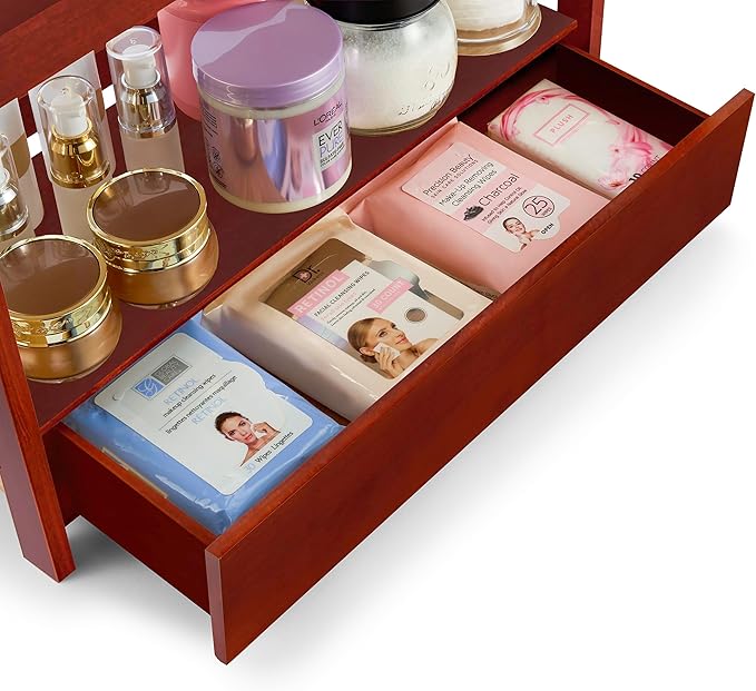 Sorbus Bamboo Bathroom Counter Organizer – 2-Tier Shelf with Hidden Drawer for Vanity, Matcha Station, Bathroom Sink Organizer Countertop, Kitchen & Office Storage (17″ L x 6.5″ W x 12.6″ H) (Brown)