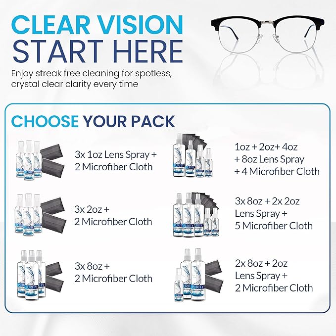 Purity Eyeglass Lens Cleaner Spray Kit - 3 x 8oz Lens Cleaner Spray Bottle + 2 Microfiber Cloth for Cleaning - Safe for All Lenses